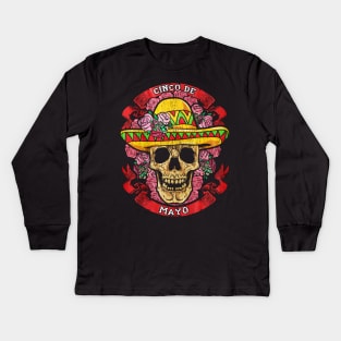 Skull Wearing Mexican Hat Cinco De Mayo Kids Long Sleeve T-Shirt